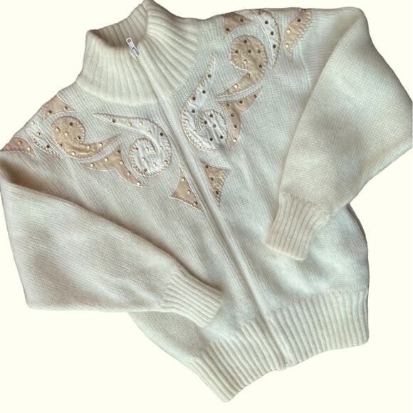 Vtg 80s Wool Mohair Embroidered Patchwork Cardigan Size S Old Money Coquette - Picture 1 of 9